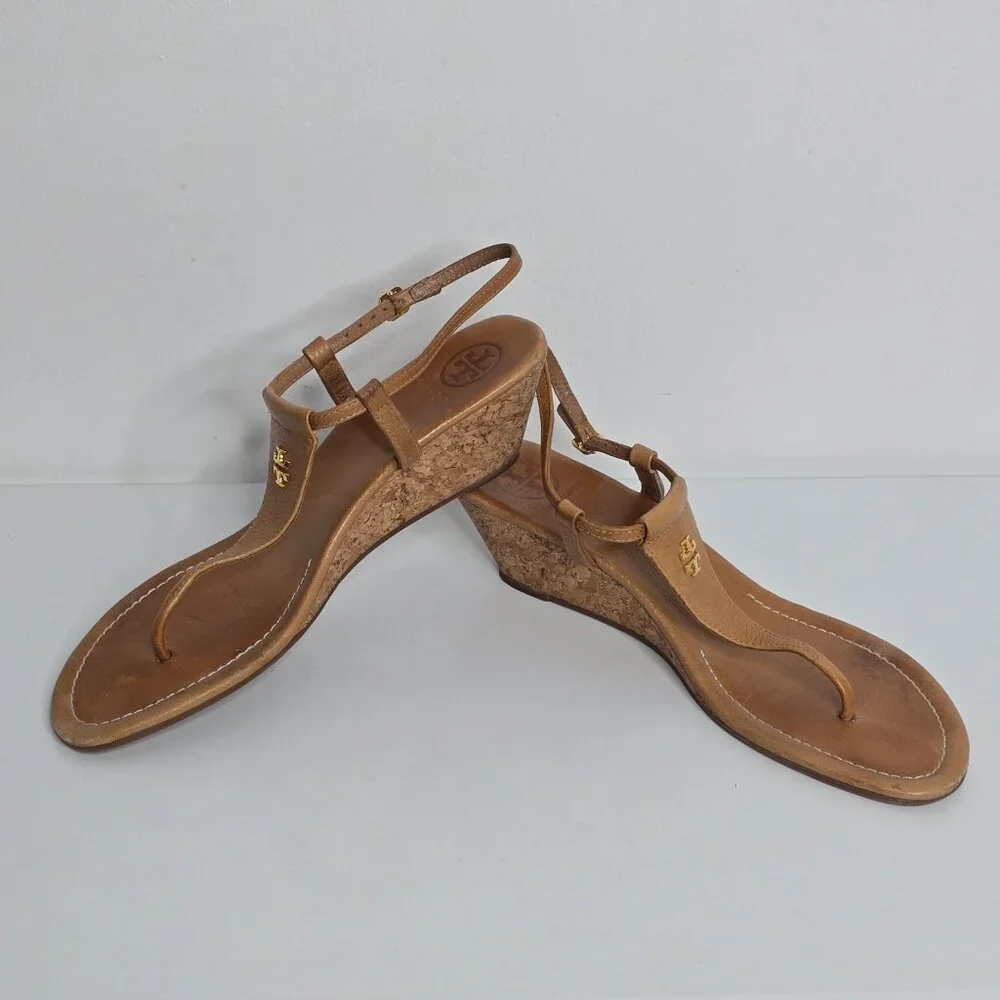 Tory Burch Britton Logo Cork Wedge Thong Sandals Size‎ 10.5 Tan Leather 2